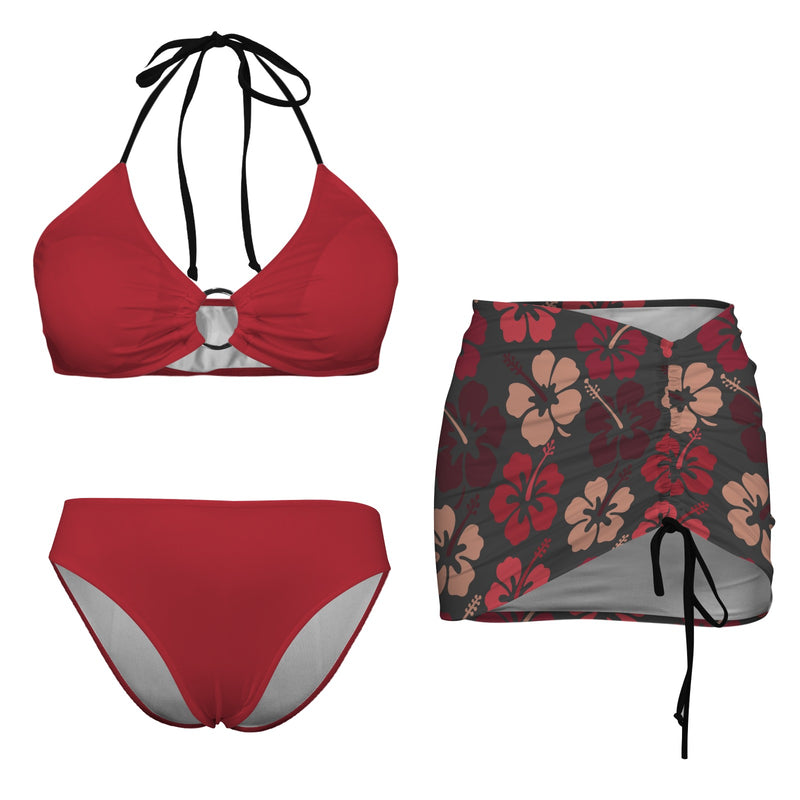 shades of red hibiscus print Drawstring Halterneck Three-Piece Swimsuit Skirt