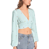 Heart Accents Women's Deep V-Neck Lantern Sleeve Crop Top