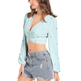 Heart Accents Women's Deep V-Neck Lantern Sleeve Crop Top