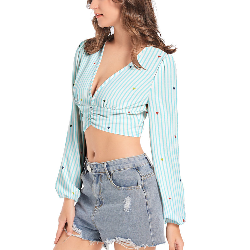 Heart Accents Women's Deep V-Neck Lantern Sleeve Crop Top