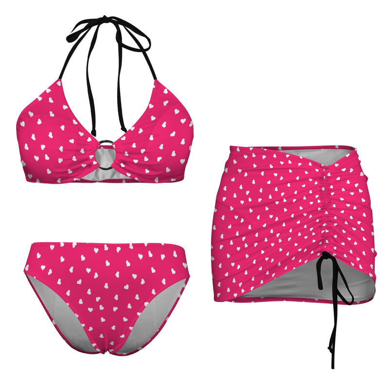 hearts fuchsia print 2A Drawstring Halterneck Three-Piece Swimsuit Skirt