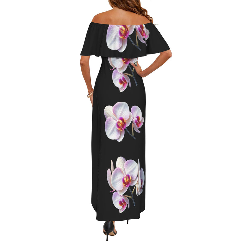 orchid print 5Z Women's Off Shoulder Ruffle Boat Neck Dress (Model D71)