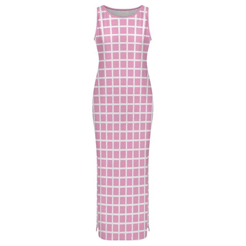 Window Pane Split cheongsam Sleeveless Bodycon Side Slit Long Dress