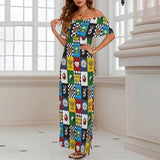 patchwork of alien flowers Women's Off Shoulder Ruffle Boat Neck Dress (Model D71)