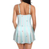heart on stripes print light blue Women's One Piece Skirted Swimsuit (Model S54)
