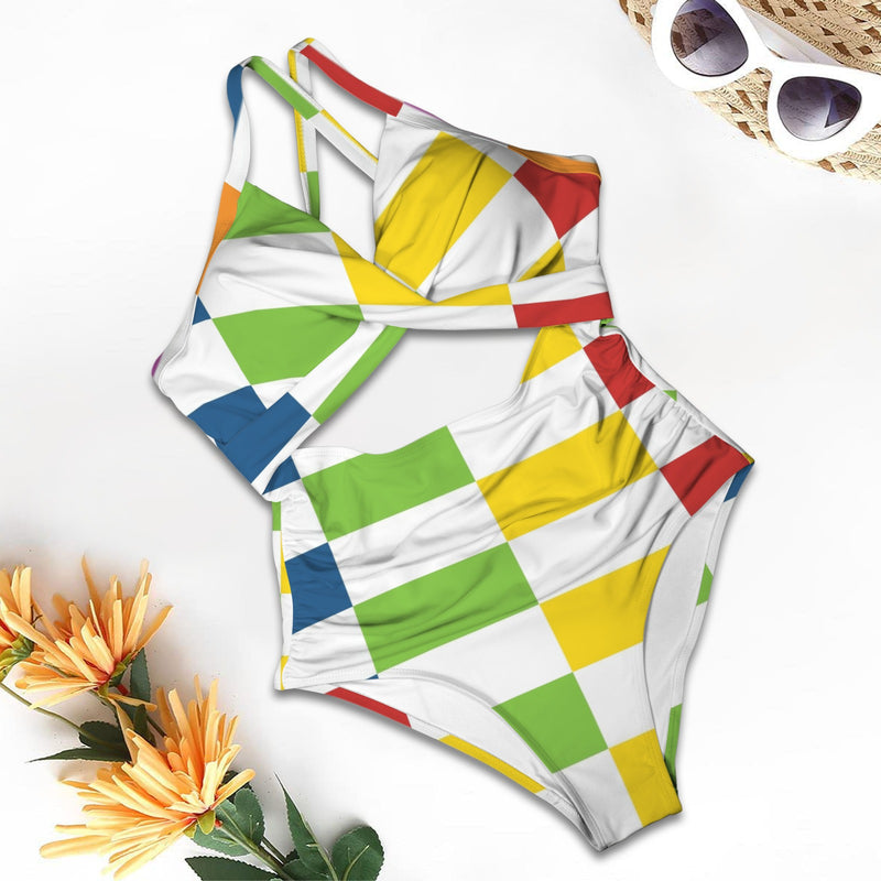 rect colored print 3A Women's Twist Front Tie Back Swimsuit (Model S57)