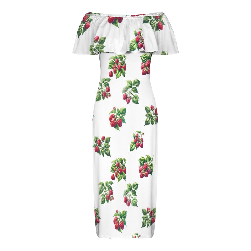 raspberry print sneakers Women's Off Shoulder Ruffle Boat Neck Dress (Model D71)