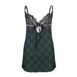 tartan print wintergreen Lace Low Cut Backless Cami Dress (D72)