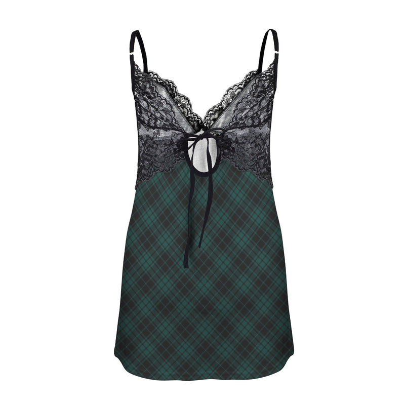 tartan print wintergreen Lace Low Cut Backless Cami Dress (D72)