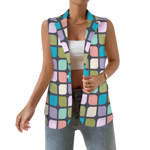 cut corner square print 3 Women's Sleeveless Blazer (Model H71)