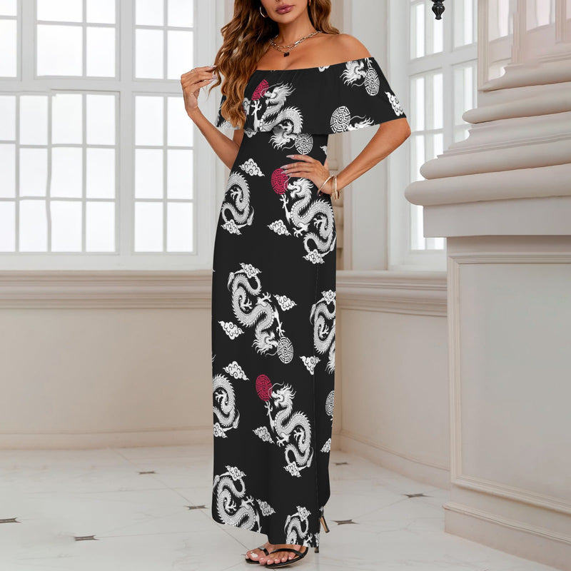 red accented white dragon on white print Women's Off Shoulder Ruffle Boat Neck Dress (Model D71)