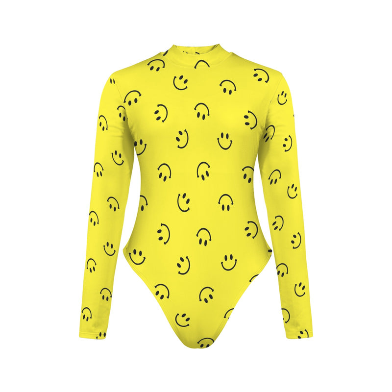 smiley face print 2A Backless Long Sleeve One-Piece Swimsuit (Model S60)