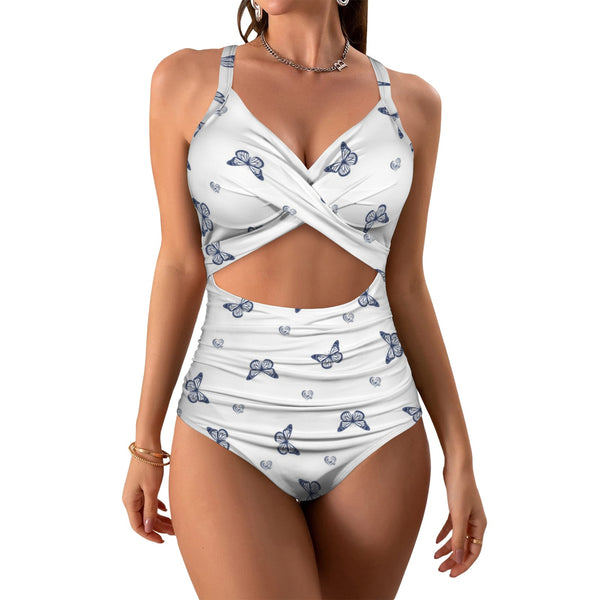 delft blue monarch butterfly print Women's Twist Front Tie Back Swimsuit (Model S57)