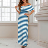 swimsuit striped print 2 Women's Off Shoulder Ruffle Boat Neck Dress (Model D71)