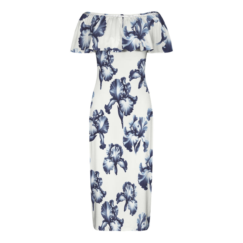 white iris print Women's Off Shoulder Ruffle Boat Neck Dress (Model D71)