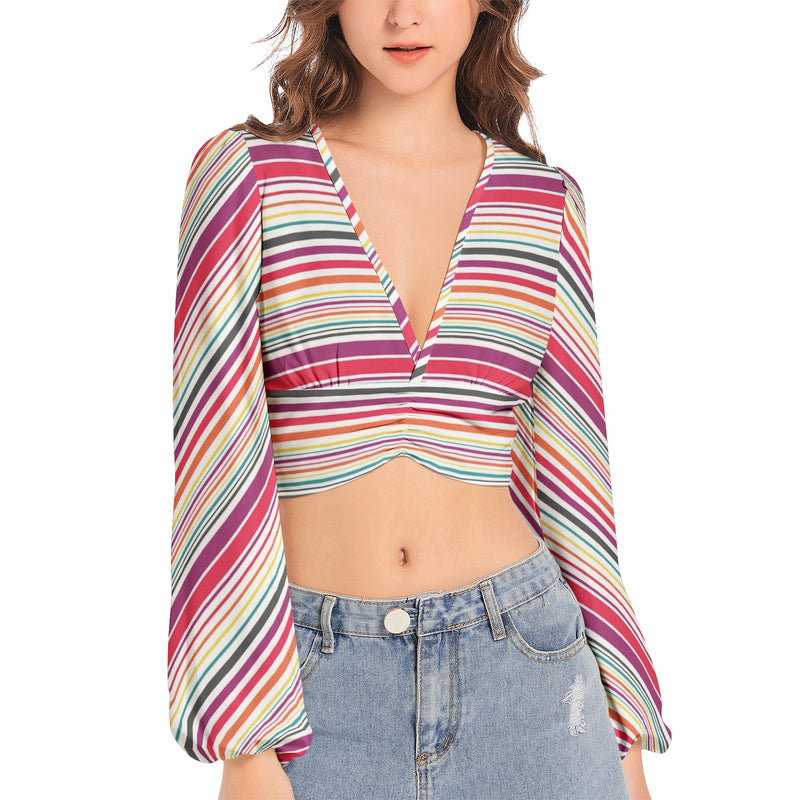 Women's Deep V-Neck Lantern Sleeve Crop Top