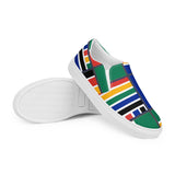 A side and bottom view of the Rainbow Nation Women’s slip-on canvas shoes