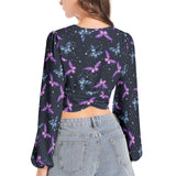 Astral Butterflies Women's Deep V-Neck Lantern Sleeve Crop Top - Objet D'Art
