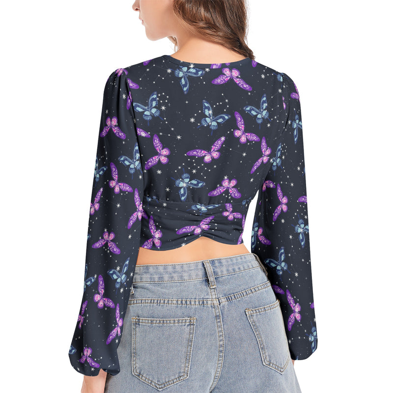 Astral Butterflies Women's Deep V-Neck Lantern Sleeve Crop Top - Objet D'Art