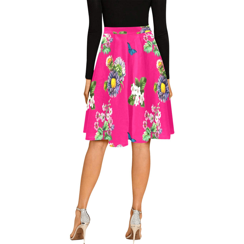 pink floral butterfly print Melete Pleated Midi Skirt (Model D15) - Objet D'Art