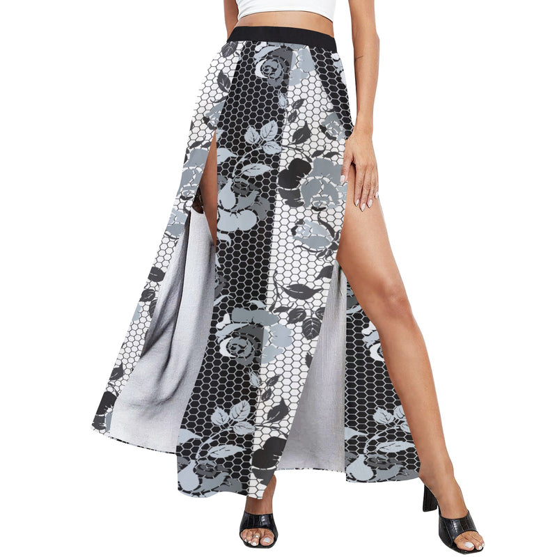 selenium gray print 4 High Slit Long Beach Dress (Model S40) - Objet D'Art