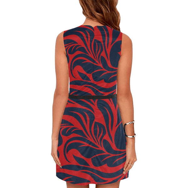 red blue leaf print 2 Eos Women's Sleeveless Dress (Model D01) - Objet D'Art