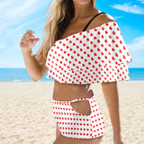 red hot hearts print Women's Ruffle Off Shoulder Bikini Swimsuit (Model S45) - Objet D'Art