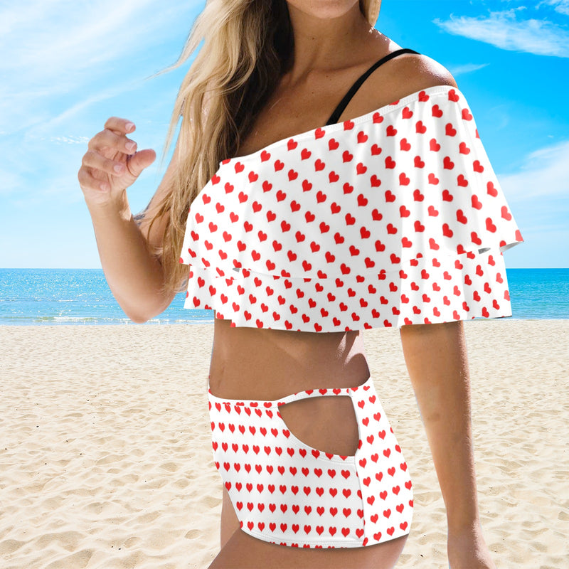 red hot hearts print Women's Ruffle Off Shoulder Bikini Swimsuit (Model S45) - Objet D'Art