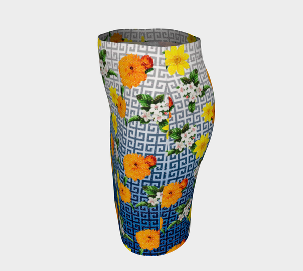 Greek Key Blue Floral  Lattice Fitted Skirt - Objet D'Art