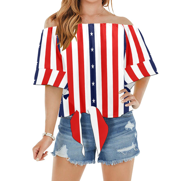 stars and stripes print 2 Off Shoulder Knot Front Blouse (Model T71) - Objet D'Art