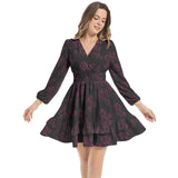 Dark Florals Long Sleeve Tiered Ruffle Hem Elastic Waist Mini Dress - Objet D'Art