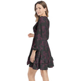 Dark Florals Long Sleeve Tiered Ruffle Hem Elastic Waist Mini Dress - Objet D'Art