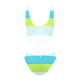 NEON GREEN BLUE WHITE MICROSTRIPED PRINT 2 Cross String Bikini Set (Model S29) - Objet D'Art