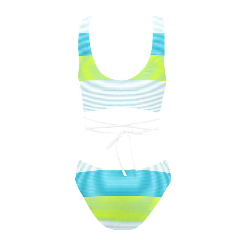 NEON GREEN BLUE WHITE MICROSTRIPED PRINT 2 Cross String Bikini Set (Model S29) - Objet D'Art