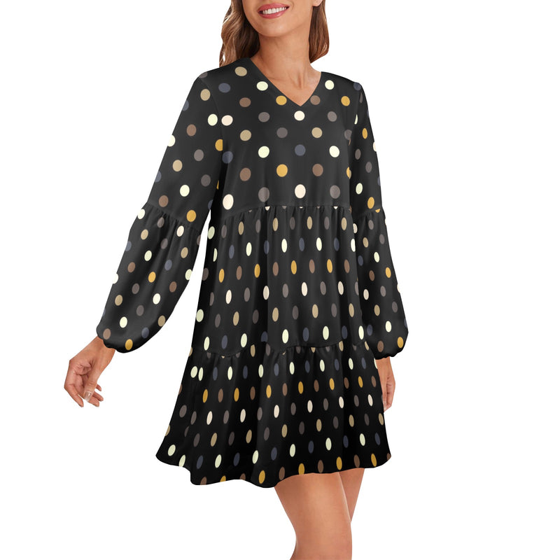 earthtone polka dot print 4A V-Neck Loose Fit Dress (Model D66) - Objet D'Art