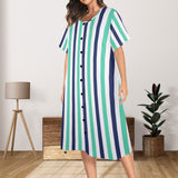 striped print 15A Women's Button Front House Dress - Objet D'Art