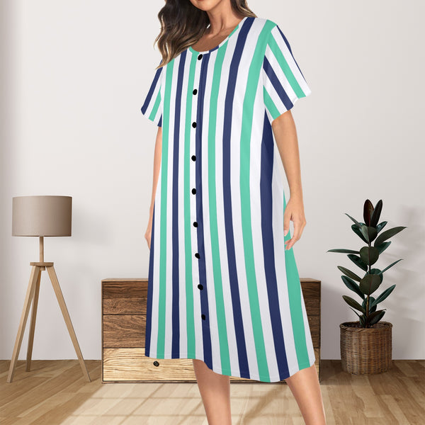 striped print 15A Women's Button Front House Dress - Objet D'Art