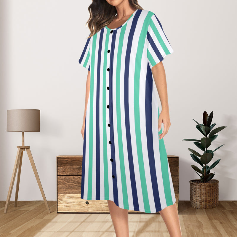 striped print 15A Women's Button Front House Dress - Objet D'Art