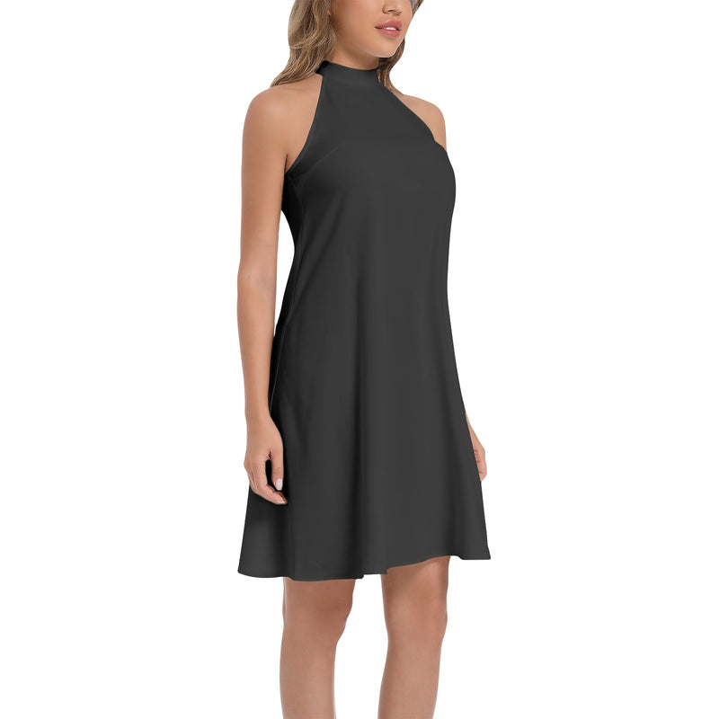 Black Tie Back Halter Neck Flared Dress - Objet D'Art