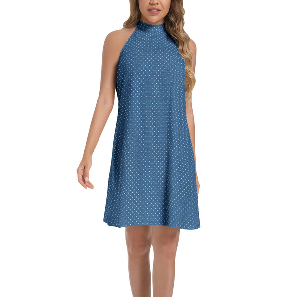 Micro Polka dot Tie Back Halter Neck Flared Dress - Objet D'Art
