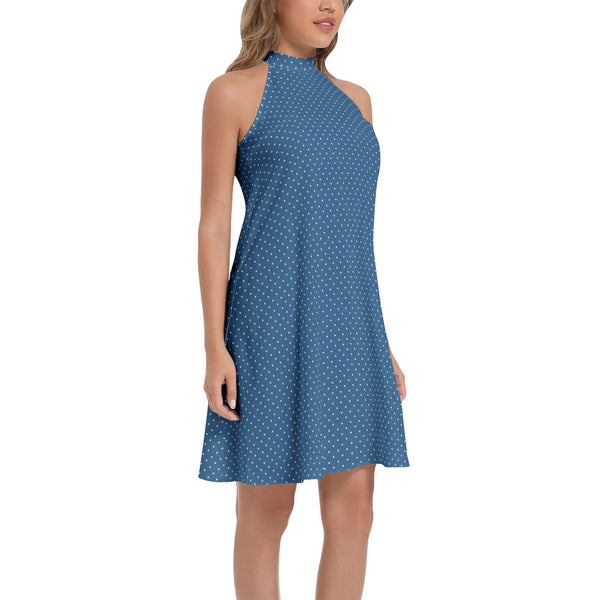 Micro Polka dot Tie Back Halter Neck Flared Dress - Objet D'Art