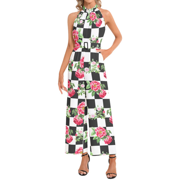 Rose on Checkered Print Halter Neck Buckle Belted Jumpsuit - Objet D'Art