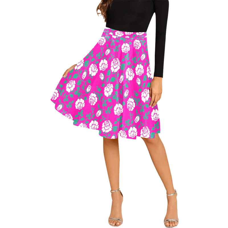 pink rose green petal print 4 Melete Pleated Midi Skirt (Model D15) - Objet D'Art
