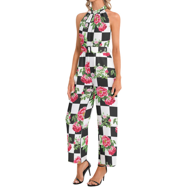 Rose on Checkered Print Halter Neck Buckle Belted Jumpsuit - Objet D'Art
