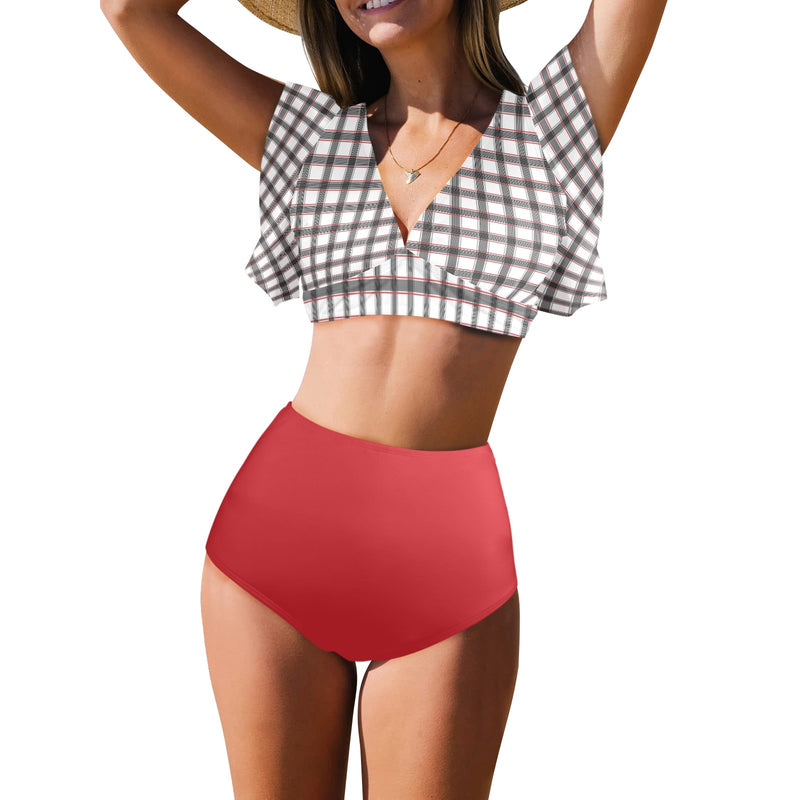grid red gray print 2 Women's Ruffle Sleeve Bikini Swimsuit (Model S42) - Objet D'Art