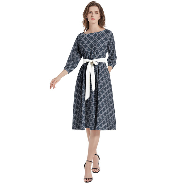 Boat Neck Belted Flared Dress