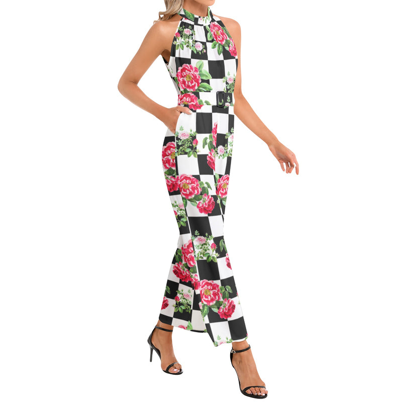 Rose on Checkered Print Halter Neck Buckle Belted Jumpsuit - Objet D'Art