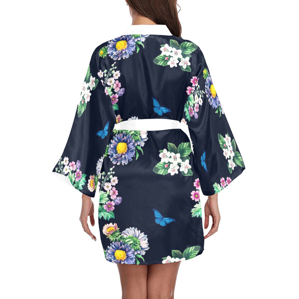 floral blue print 5 Long Sleeve Kimono Robe - Objet D'Art