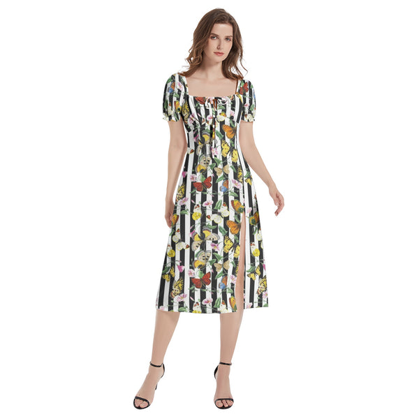 Butterfly Print Puff Sleeve Split Thigh Midi Dress - Objet D'Art