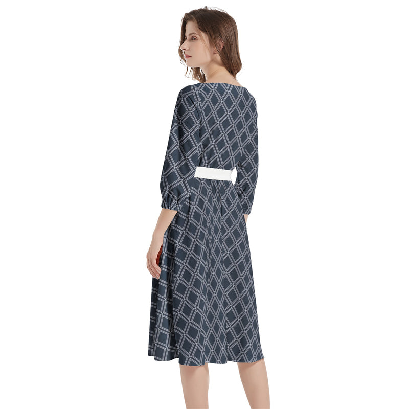 Boat Neck Belted Flared Dress